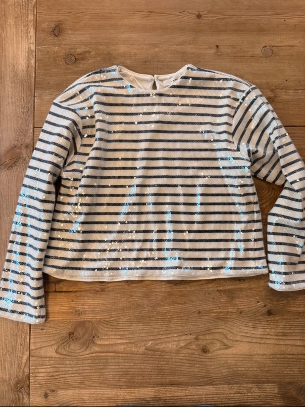 Frame Denim White and Navy Striped Sequin Long Sleeve Top